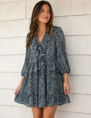 Zara Blue Gray Leopard Print Ruffle Mini Dress XS